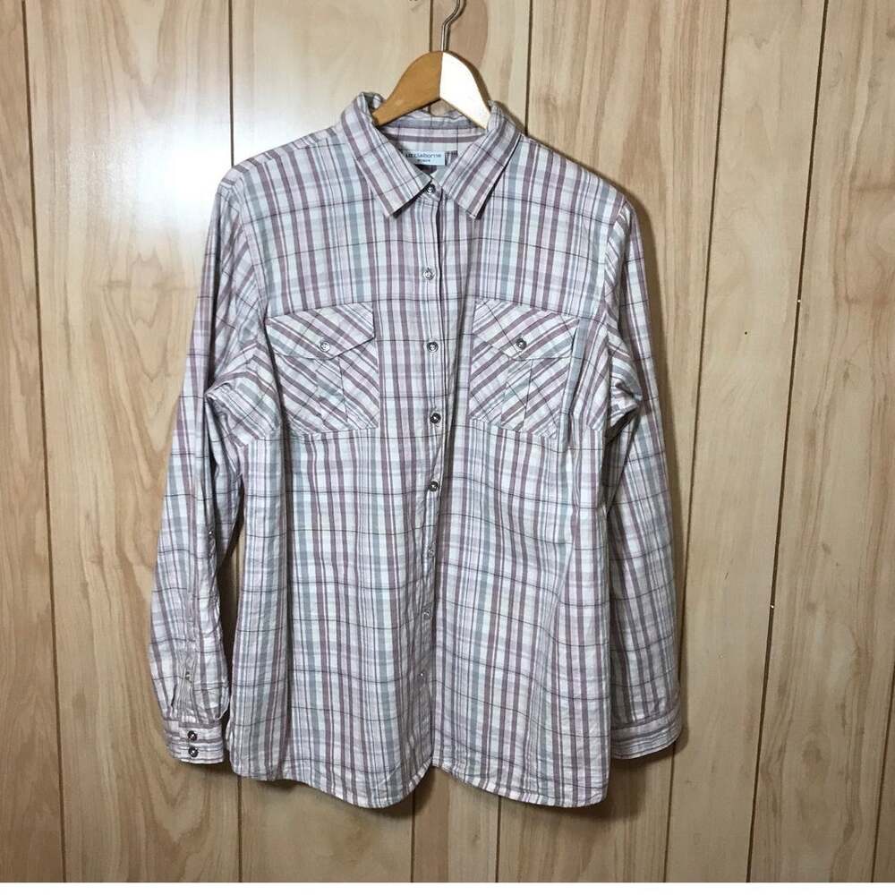Liz Claiborne 1X Plaid Button Down Shirt Pink Pastel Cotton